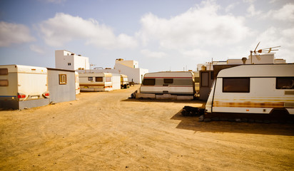 Trailers small town. Slums between hotels. Fuerteventura