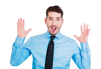 Portrait happy, surprised business man on white background 