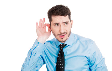 Gossip rumors. Nosy business man boss listening to conversation