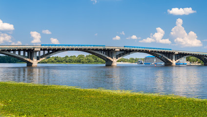 Trains on Metro Bridge over Dnieper in Kyiv, Ukraine