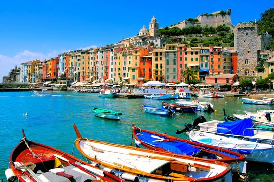 Fototapeta Colorful harbor view at Portovenere, Italy with boats
