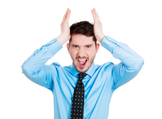 Portrait angry, frustrated screaming man on white background 