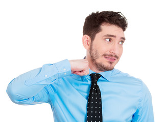 Young business man in a awkward, unpleasant  situations