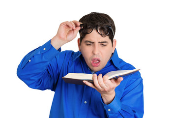 Surprised man, reading book or can't see