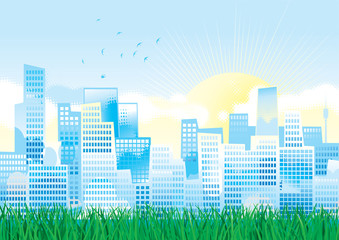 Environment. Modern Town with  green grass.