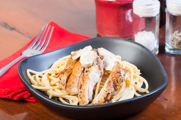 peppered chicken in truffle mushroom cream pasta