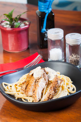 peppered chicken in truffle mushroom cream pasta