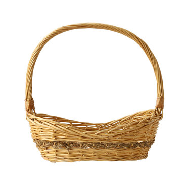 Wicker gift basket isolated on white background