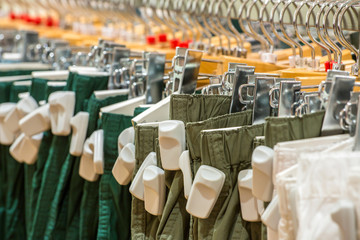 Clothes in the store with EAS anti-theft tags
