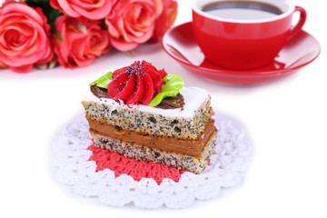 Tasty cake on table close-up