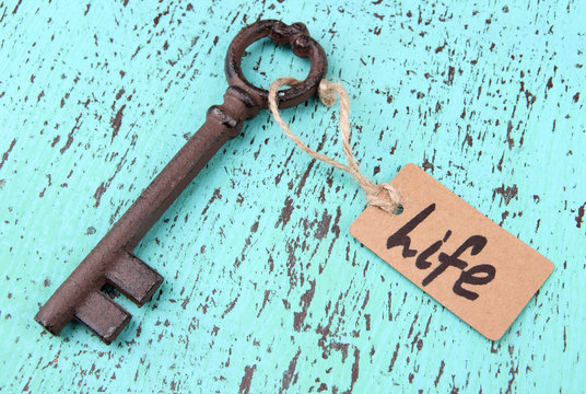 Key to life, Conceptual photo. On color wooden background