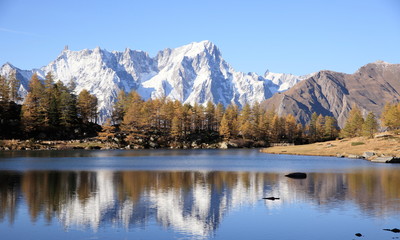 Fototapeta na wymiar Mont Blanc massif and lake Arpy viewed from Italy in autumn 