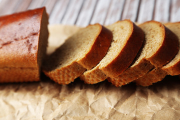 Bread  slices on wooden board, close-up