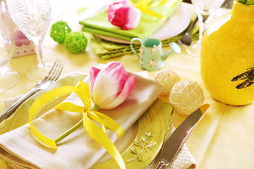 Beautiful spring table setting, top view