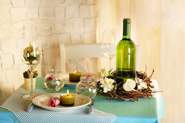 Beautiful holiday Easter table setting in blue tones,