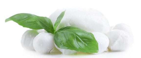 Obraz premium Tasty mozzarella with basil isolated on white