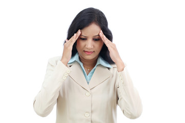 Stressed young business woman against white