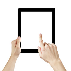 adult man hands using generic tablet pc with white screen