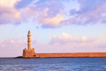 Old venetian lighthouse of Chania in Crete, Greece.