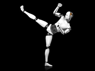 Male robot doing karate kick. © Sarah Holmlund