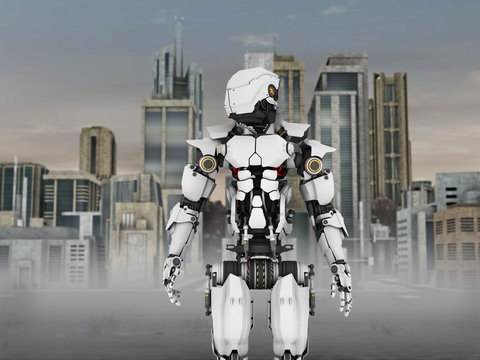 Futuristic robot with city background.