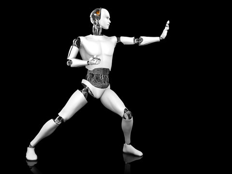 Male robot in fighting karate pose.