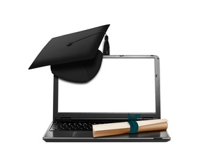 Laptop with Mortarboard and Scroll Education Concept