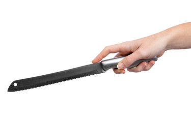 Kitchen knife in a hand isolated on white