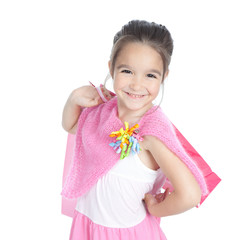 Happy little girl with shopping bags over white