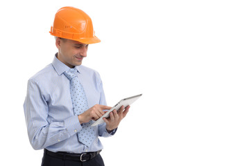 Construction worker working on tablet