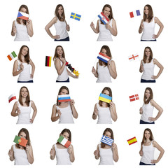 Attractive woman shows european flags