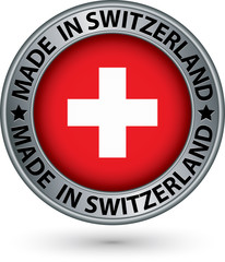 Made in Switzerland silver label with flag, vector illustration