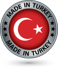 Made in Turkey silver label with flag, vector illustration