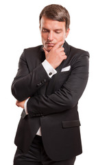 Male model thinking gesture, isolated on a white background.