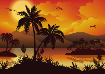 Obraz na płótnie Canvas Tropical islands, palms, flowers and birds