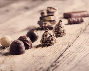 chocolate on old wooden table