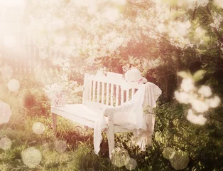 Foto op Plexiglas garden bench with spring flowers © Maya Kruchancova