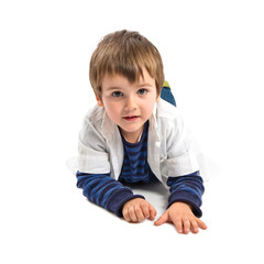 Boy pointing to the front over white background