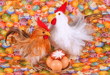 Easter, chicken, egg, on a colored background