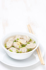 chicken broth with Chinese dumplings on white table