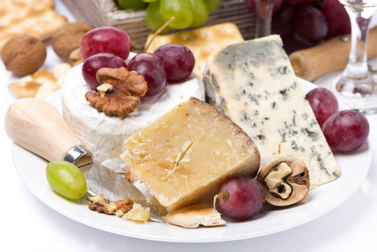 assortment of cheeses, grapes and crackers, close-up