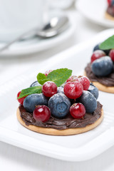 mini cakes with chocolate cream and fresh berries