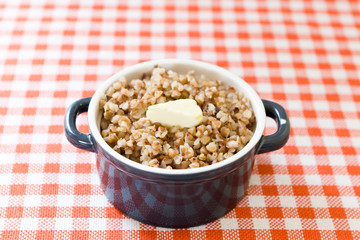 Hot buckwheat in bowl