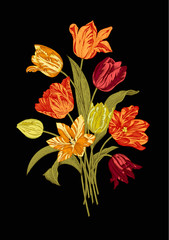 Bouquet of nine vivid tulips on black background.