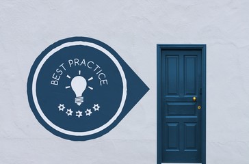 best practice icon next to a blue door