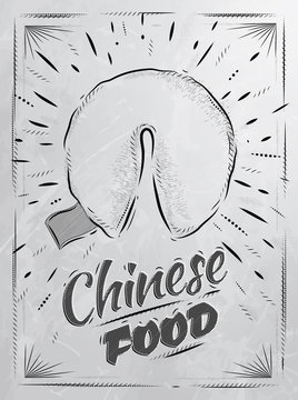 Poster chinese food in retro style lettering fortune cookies