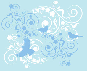 Fototapeta na wymiar blue background with abstract flowers and birds