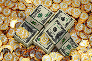 Fototapeta na wymiar Golden coins and Dollars