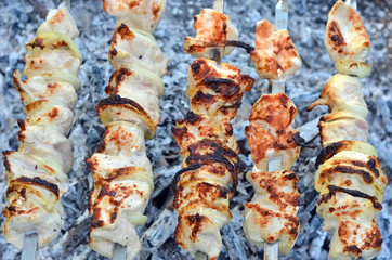 Shish kebab on skewers and hot coals
