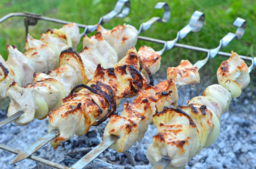 Shish kebab on skewers and hot coals